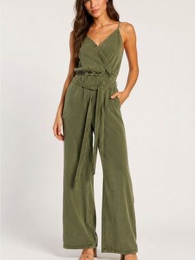 Abercrombie & Fitch Olive Lyocell Wrap Jumpsuit Tie Waist Utility Size Small